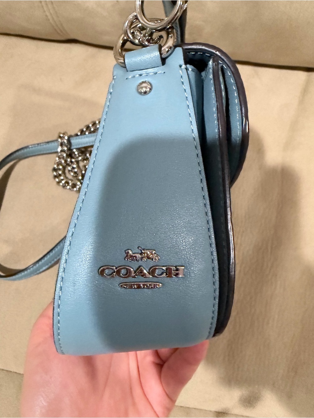 COACH Light Blue Leather Crossbody with Chain Strap